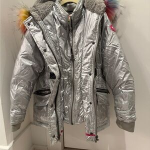 Appaman Metallic Silver Kids Puffer with Rainbow Details